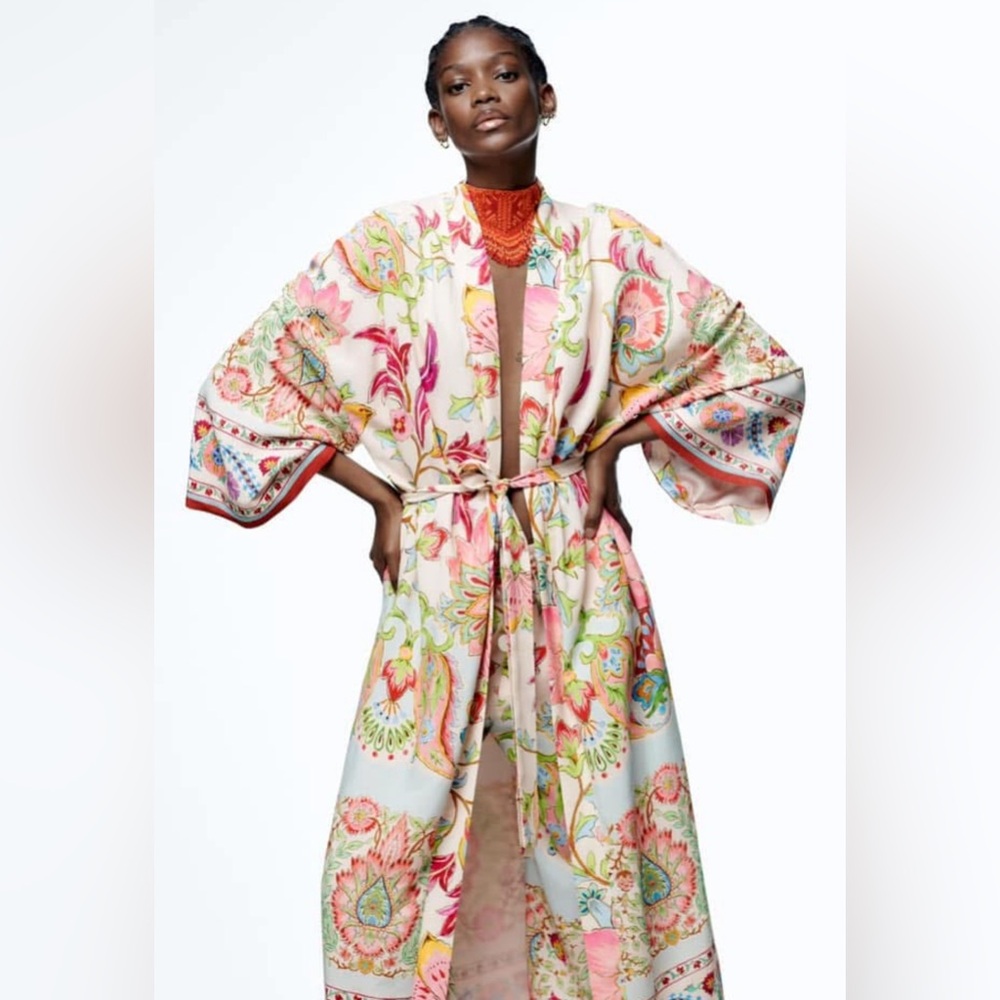 Zara Silky Kimono Robe Long Colorful Bohemian Wrap Maximalist All Over Print XS